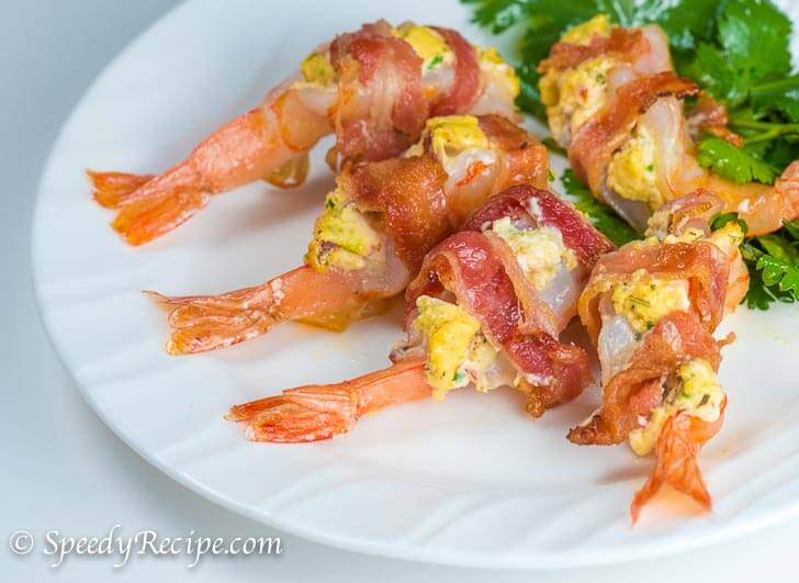 Appetizer Bacon Wrapped Shrimp with Cream Cheese Stuffing
