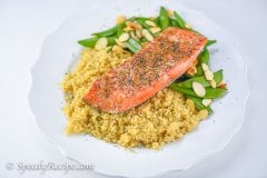 Speedy Oven Baked Salmon with Quinoa Roasted Pecan and Snap Peas